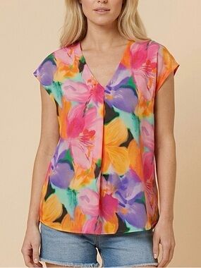 LAUREN Ralph Lauren Floral Georgette V-Neck Cap Sleeve Blouse Multi-Color Medium